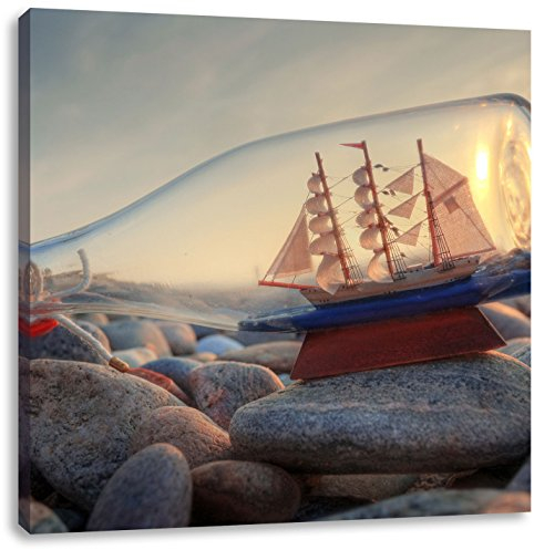 Pixxprint Flasche mit Schiff, Größe: 40x40, Leinwandbild Quadratisch, Wandbild, Kunstdruck, fertig bespannt