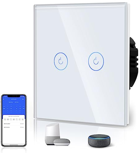 BSEED Interruptor de Luz Táctil Inteligente WIFI, Interruptor Táctil de Pared con Panel de Cristal Compatible con Alexa/Tuya/Smart Life (Requiere Cable Neutro) 2 Gang 1 Vía Blanco