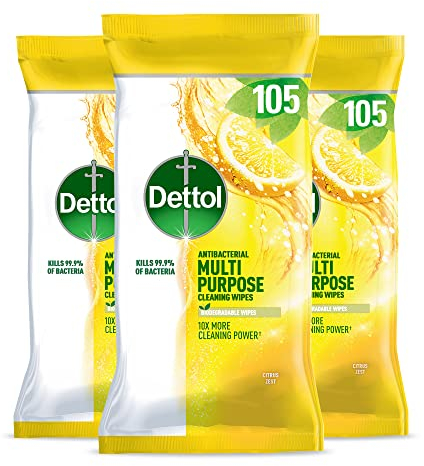 Dettol Antibacterial Multipurpose Cleaning Wipes, Citrus Zest Fragrance, Multipack of 3 x 105 Wipes, Total 315 Wipes