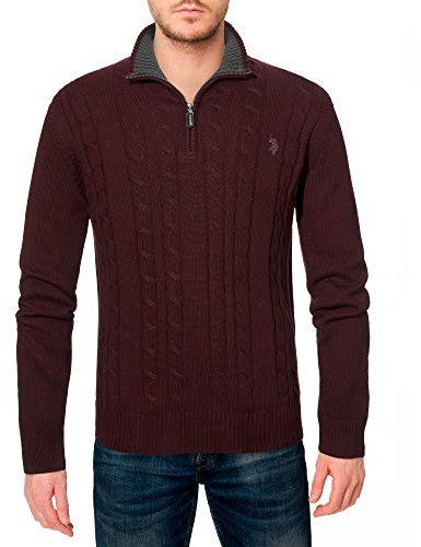 U.S. Polo Assn. Men's Cable Knit 1/4 Zip Sweater (XXL, Merlot Heather)