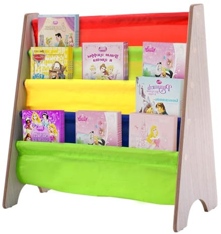 GYMAX 4 Tier Kids Bookshelf, Children Sling Bookcase with Fabric Shelves, Wooden Book Storage Rack for Bedroom, Playroom, Daycare (Natural)