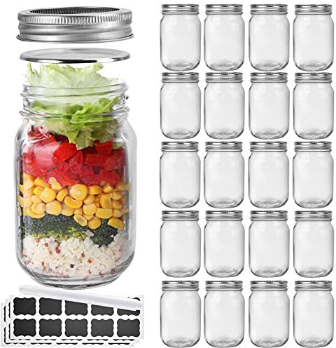 12 oz Mason Jars with Lids 20 Pack - Regular Mouth Canning Jars, Clear Glass Jar for Spices, Dry Goods, Meal Prep, Crafts & Pantry Storage- Includes 30 Stickers & 1 Chalk Pen