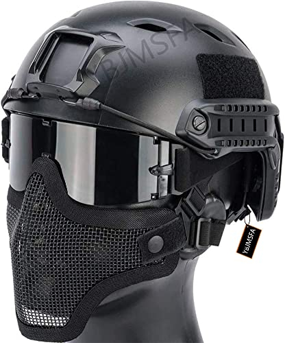 Taktischer Airsoft Quick Helm PJ Typ Und Faltbare Half-Face Air Gun Mesh Maske, Schutzbrille Mit 3 Linsen, Geeignet Für CS/Jagd/Paintball/Schießen, BK, Head circumference 54~63CM
