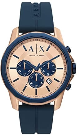 Armani Exchange Orologio per uomo, movimento cronografo al quarzo e cassa da 44 mm con cinturino in silicone, Tono oro rosa e indaco