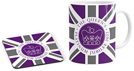 Daytripper The Queen's Platinum Jubilee 2022 Mug Coaster Set Matching Union Jack Souvenir Cup Coffee Tea Decoration Memorable Gift 1952-2022 Keepsake Gifts Home Decor Ceramic Memorabilia