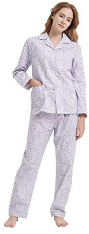 Global - Pigiama da donna, 100% flanella di cotone, con bottoni frontali, pantaloni con coulisse, Fiore lilla., L