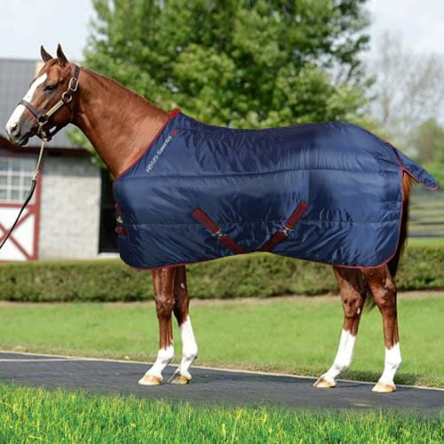 Horses, Stalldecke Essential 350gr, Hervorragend Verarbeitete Decke, Nützlich zum Schutz des Pferdes vor Temperaturschwankungen und Insekten (135 cm, Blau/Bordeaux)