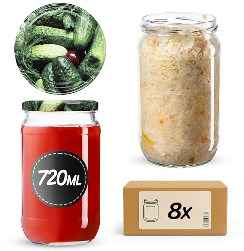 KADAX 8er Set Einmachgläser 720ml TO82 Gurken, Große Sturzgläser mit Schraubdeckel, Einkochgläser Fermentierglas für Gurken, Gemüse, Sauerteig