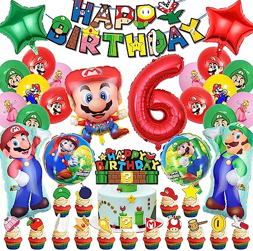 Super Mari Geburtstag Deko 6 Jahre, 41 Pcs Mari Geburtstagsdeko Set, Mari Luftballons, Mari Tortendeko, Super Mari Kindergeburtstag Party Deko, Mari Geburtstagsfeier Thema Dekoration