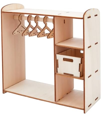 SUPERFINDINGS Zusammengebauter Puppenschrank Aus Holz 18x8x17.8cm PuppenhausKleiderschrank Mit 2 MiniaturSchubladen Und 8 kleinen Kleiderbügeln PuppenhausMöbelzubehör