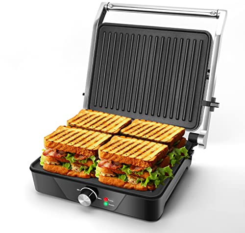 Aigostar SAM – Parrilla Eléctrica, Grill, Panini, Sandwichera, 2000W. Regulador de temperatura, apertura 180º