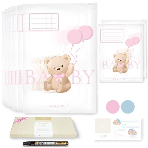 Wellode® 8 Bustine Corredino Neonato Ospedale Teddy Bear, 6 Grandi e 2 Piccole - Sacchetti Cambio Neonato Riutilizzabili - Regalo Prezioso per Future Mamme e Lista Nascita Bebè - Design Registrato