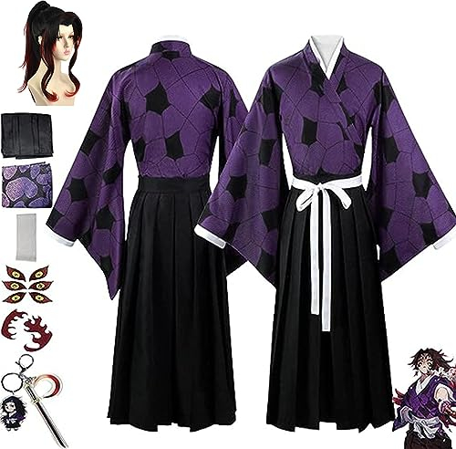 Anime Demon Slayer Kokushibo Cosplay Kimono Outfit mit Perücke, Kimetsu No Yaiba Umhang Tattoo Aufkleber Schlüsselanhänger Komplettset Halloween Weihnachten Party Kleidung,Lila,L