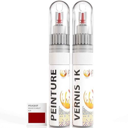ipixline Kit Retouche Peinture Carrosserie Voiture - Stylo Correcteur Peinture Auto 30 ml, Vernis Brillant 1k 30 ml - Compatible avec Peugeot - Rouge Scarlet KJH