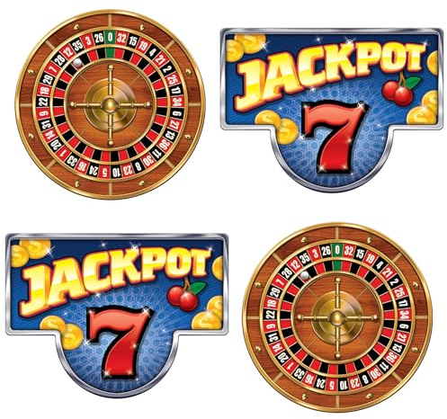 Beistle 56240 4 Stück 54 x 72,4 cm & 61,6 cm Karton Roulette-Räder und Jackpot-Schilder Hängende, Casino-Abschlussball-Dekorationen, Wellpappe, Gold/Rot/Blau/Gelb/Grün/Schwarz