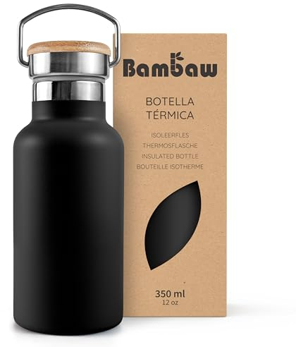 Bambaw Insulated Water Bottle 350ml, Black Water Bottle, 350ml Stainless Steel Water Bottle, Leakproof Water Bottle, Double Insulated Mini Thermos, Black Insulated Water Bottle – Jet Black