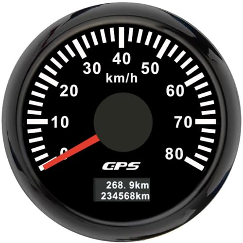 ELING 52 mm GPS-Tachometer 0–80 km/h Kilometerzähler mit 7 Farben Hintergrundbeleuchtung für Segelboote Schiffe (schwarz+schwarz, 0-80KM/H)