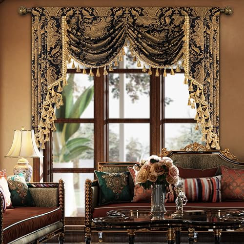 TOPLUXE Swag Volant Vorhang für Schlafzimmer Esszimmer Wohnzimmer Küche, Damast Kurzstore Waterfall Volant-Vorhang für Fenster 1 Stück (Breite 150cm, Schwarz)