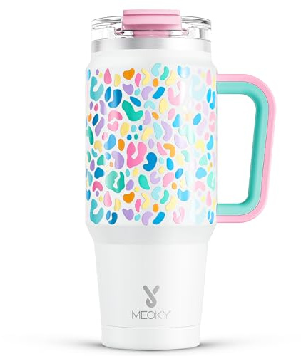 Meoky 32 oz Tumbler with Handle, Insulated Tumbler with Lid and Straw, Stainless Steel Travel Mug, Keeps Cold for 24 Hours, 100% Leak Proof, Fits in Car Cup Holder (Leopard)