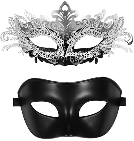 JewelryWe Máscaras Mascarada Disfraces Parejas: Venecia Máscara Negro Plata de Metal Plástico Fiesta de Halloween Carnaval Cosplay Juego 2Piezas - Para Juego de Rol Disfrazarse Regalo