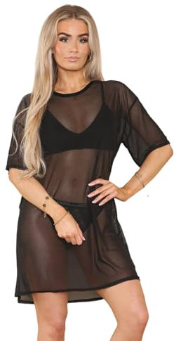 STAR FASHION PJ Mesh Top for Womens Longline Mesh T-Shirt Ladies Plain See Through Sheer Short Sleeve Tunic PJ Dress Black 8-16 Regular