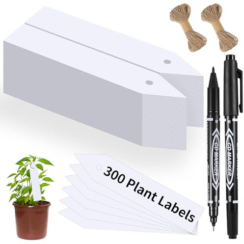 300 Plant Labels, Reusable Plastic Garden Plant Tags with 2 Rolls 20m Hemp Ropes, 2 Black Marker Pens, Plant Name Labels for Seed Herb Nursery Seedling Vegetable Flower Potted Plants