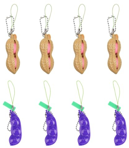 Houhounb Squeezes Spielzeug Squeeze Toys Bean Bohne Anhänger Schlüsselanhänger Toys Squeeze Lustige Gadgets Reduziert Angst und Stress für Handy Kette, 4 Lila Edamame+ 4 Erdnuss