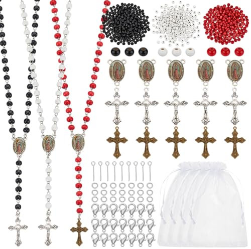 PH PandaHall 988Stück Hölzerne Perle Rosenkranz Halskette Making Kit Erstkommunion Gebet machen Set Runde Holzperlen Kreuz Charms für Ostern Taufe Favors Halskette Armbänder machen