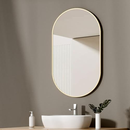 EMKE Badspiegel Oval Gold 60 x 100 cm Ovaler Wandspiegel mit Goldener Rahmen Spiegel Horizontal/Vertikal Dekorativer HD Wandspiegel für Flur/Badzimmer/Wohnzimmer Oval Spiegel