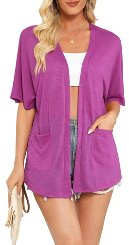 Wiwclo Womens Magenta Plus Size Short Sleeve Kimono Cardigans V Neck Open Front Lightweight Summer Cardigan Casual Beach Cover Up Curved Hem with Pockets,3XL
