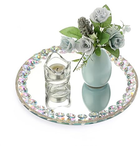SUMTree AB Colorful Crystal Decorative Round Tray with Mirrored Base, Jewelry Trinket Organizer & Makeup Display, 27CM
