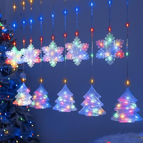 BLOOMWIN Weihnachtsbeleuchtung Fenster Lichtervorhang Innen, 2M 160 LED Weihnachtsdeko Fenster Beleuchtet, Schneeflocken Weihnachtsbaum Lichterkette Deko, Weihnachten Fensterbeleuchtung, Bunt USB