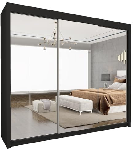 Style Heaven Modern Sliding Door Wardrobe for Bedroom,Matt Finish,3 Mirrored Sliding Doors wardrobes 6 Adjustable Shelves & 2 Hanging Rail,made of MDF Chipboard, aluminium Handles Chicago(250cm Black)