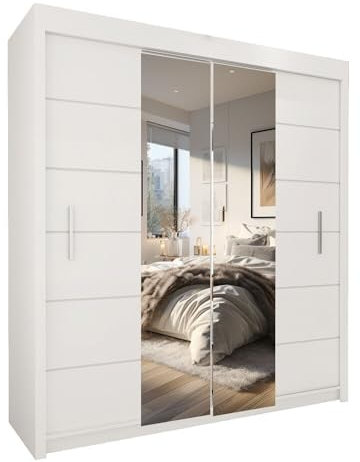 Style Heaven Modern Sliding Door Wardrobe for Bedroom,Matt Finish,3 Mirrored Sliding Doors wardrobes 6 Adjustable Shelves & 2Hanging Rail,made of MDF Chipboard, aluminium Handles Lisbon(250cm White)