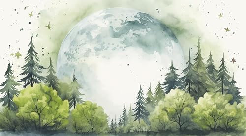 UNIK Nordic Vliestapete, BxH 450x250 cm, Tannenwald mit Mond Aquarell, Tapete großer Moon, Fototapete Kinderzimmer Mondlandschaft, XXL Motivtapete in hellen Farben, Waldtapete Made in Germany