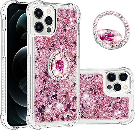SIYOPINPFY Custodia con supporto per iPhone 12 / iPhone 12 Pro Case, Brillantini Paillette Liquido Sabbie Custodia, Trasparente Silicone Bumper Antiurto Protezione Cover per iPhone 12 YBR Oro rosa