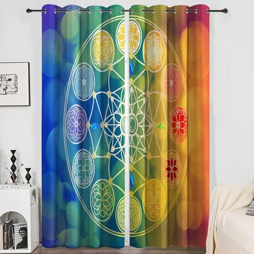 CozyRest 2 Stück Gardinen mit Ösen, 3D-Effekt Druck Blume des Lebens Vorhänge, H160 x B70cm Bunte Mandala-Blumen Verdunkelungsvorhänge, blickdichte Vorhänge für Fensterdekoration im Schlafzimmer