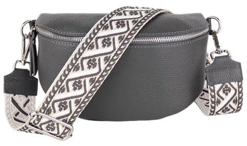 MIRROSI® Bauchtasche Damen, Echtleder, Made in Italy, Umhängetasche, Brusttasche, Crossbody Bag (1 Tasche & 2 Gurte) (Dunkelgrau (Kette), Große Tasche (28x18x9cm))