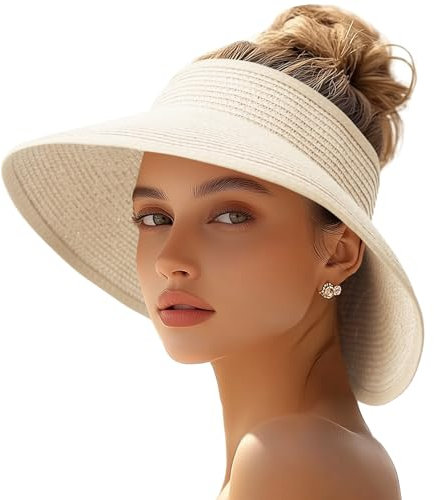 JYxingchi Sonnenblende für Damen, Strohhut, breite Krempe, aufrollbar, faltbar, Strandhut, Sommer, UV-Schutz, Pferdeschwanz-Hut, Pure Beige, Einheitsgröße