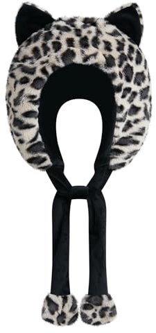 Focupaja Neuheit Tier Hut Plüsch Tier Mütze Warm Pelzige Wintermütze Niedlich Weich Party Kostüm Hut für Frauen Kinder Leopard Schwarz