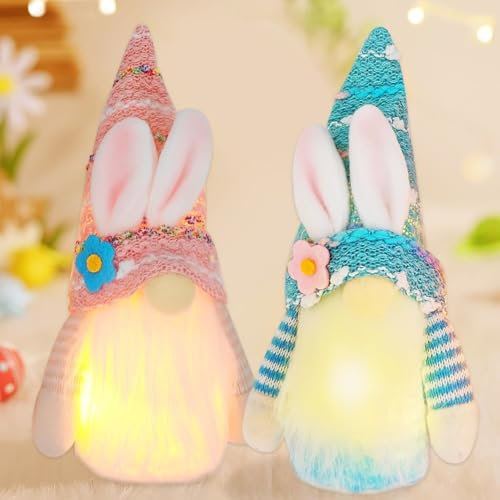 2 Stück Ostern Wichtel Beleuchtet,Ostern Deko Hasen Wichtel LED,Deko Wichtel Ostern Handgemachte,Beleuchteter Ostern Deko Wichtel,Plüsch Osterhasen Zwerg,Ostern Deko Wichtel Handgemachte Plüsch