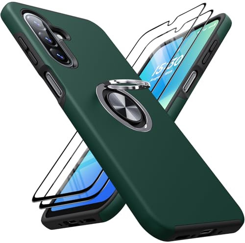 AOUIA für Samsung Galaxy A26 Hülle mit 2 Stück Panzerglas, Militärschutz Stoßfester Schutz Samsung A26 5G Hülle mit 360° Magnetischer Ring Kickstand für Samsung A26 Handyhülle, Dunkelgrün