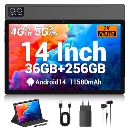 TIGERFU Tablet 14 Pollici, Android 14 Tablet con Sim, 36GB RAM+256GB ROM(TF 1TB), 4G LTE+5G/2.4G WiFi,Octa-Core,8MP+13MP,11580mAh, 1920 * 1200 FHD, 4 Speakers, GPS, Tab con Penna/Custodia (Grigio)