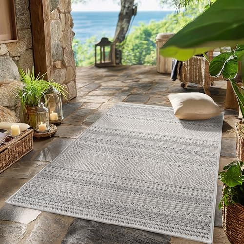 SIMPEX Outdoor Teppich Wetterfest Grau 80x150 cm Läufer, UV-beständig, ideal für Küche, Balkon, Terrasse auch Wohnzimmer und Esszimmer, Skandinavisches Boho-Design, Pfelgeleicht