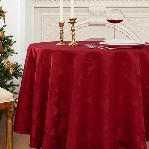 Romanstile Weihnachtstischdecke rund 180 cm Rot abwaschbar & wasserabweisend,Jacquard Hirsch & Weihnachtsbäume,runde Tischdecken Table Cloth für Ferien,Christmas,Weihnachtsdeko,Fest,Geschenk