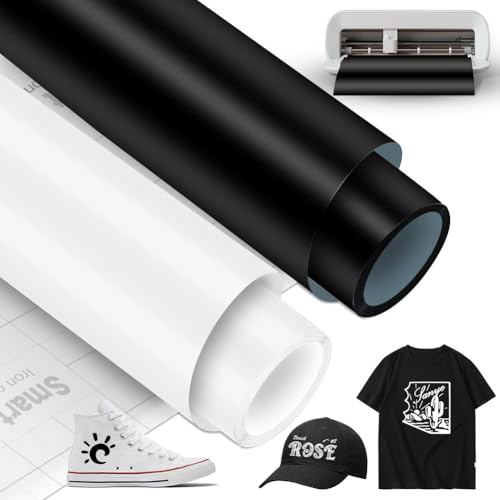 2 Rolls Smart Iron On for Cricut Joy Xtra 14x200cm Black White Plotter Film Textile Smart Heat Transfer Vinyl Rolls, Flex Film Plotter Textiles for DIY T-Shirts, Hoodie, Fabrics