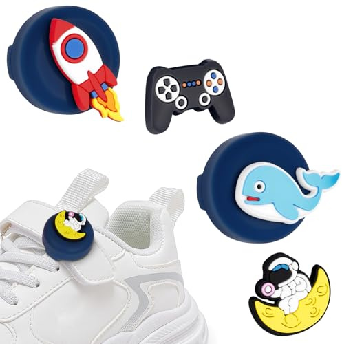 AXFEE AirTag-Halter für Kinder-Schnürsenkel, GPS-Tracker-Hülle Dunkelblau | 2 Silikon Schutzhülle und 4 Cartoon-Muster für AirTag, Kratzfest stoßfest für Kinder, Haustiere, Schnürsenkel, Hundehalsband