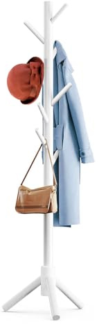 Huucozn Kleiderständer Stehend Weiß holz Stehender Garderobenständer Clothes Rack Massivholz Jackenständer Baumform mit 3 verstellbaren Größen & 9 Haken Taschenständer für Kleidung Hut Schals Taschen