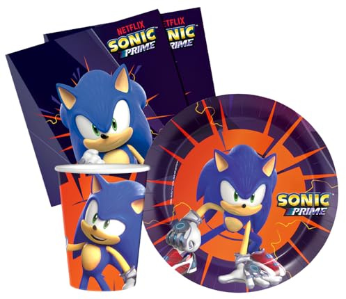 Kit Compleanno Tavola Sonic 16 Persone (52 Pezzi: 16 Piatti 18cm, 16 Bicchieri 200ml, 20 tovaglioli) in Carta