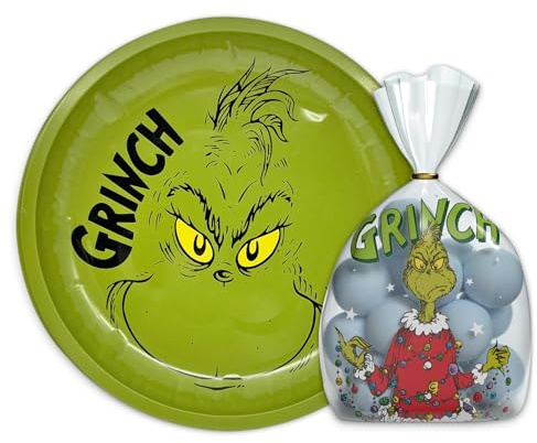 The Grinch – Weihnachts-Set 9-tlg. mit grünem Weihnachtsteller 26cm aus Eisen & Weihnachtstüten Gebäcktüten transparent – Lustiges Geschenk- & Deko-Bundle für Plätzchen, Süßigkeiten & Adventszeit